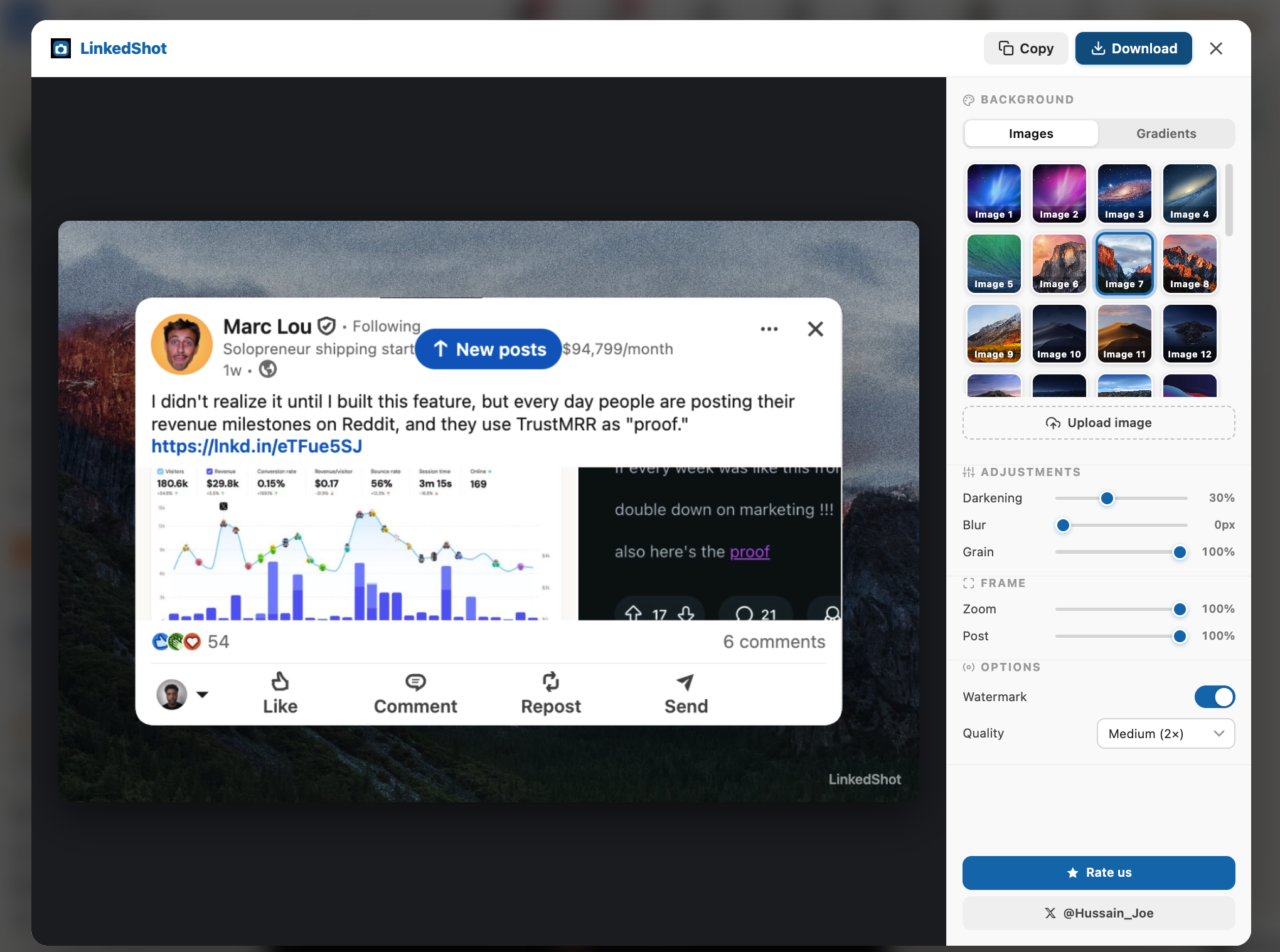 LinkedShot editor preview using a LinkedIn post