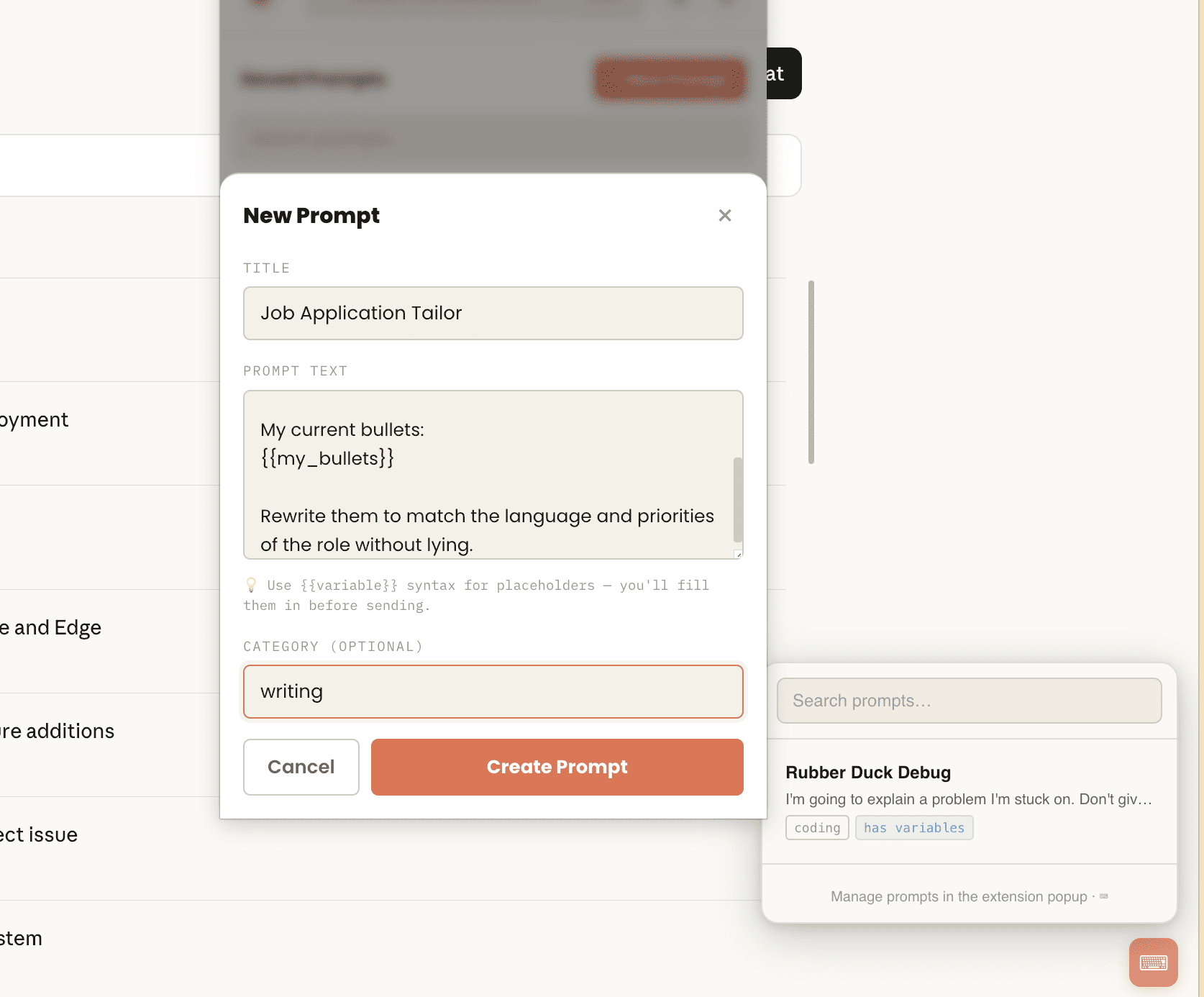 Chat Manager — Prompt library view